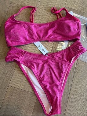 Cupshe Hot Pink Shimmer Girls One-Piece Style Swim Set